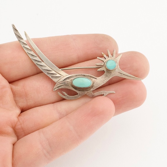 Vintage Southwestern Turquoise Sterling Silver Roadrunner Brooch Pin - Picture 3 of 3